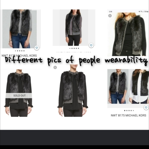 Michael kors faux fur derby grey wool blend sweeter vest silver chain collar - Picture 2 of 7